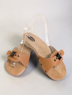 Dr Scholl’s Original Wood Slide Sandals Leather Buckle Vintage Boho US 7